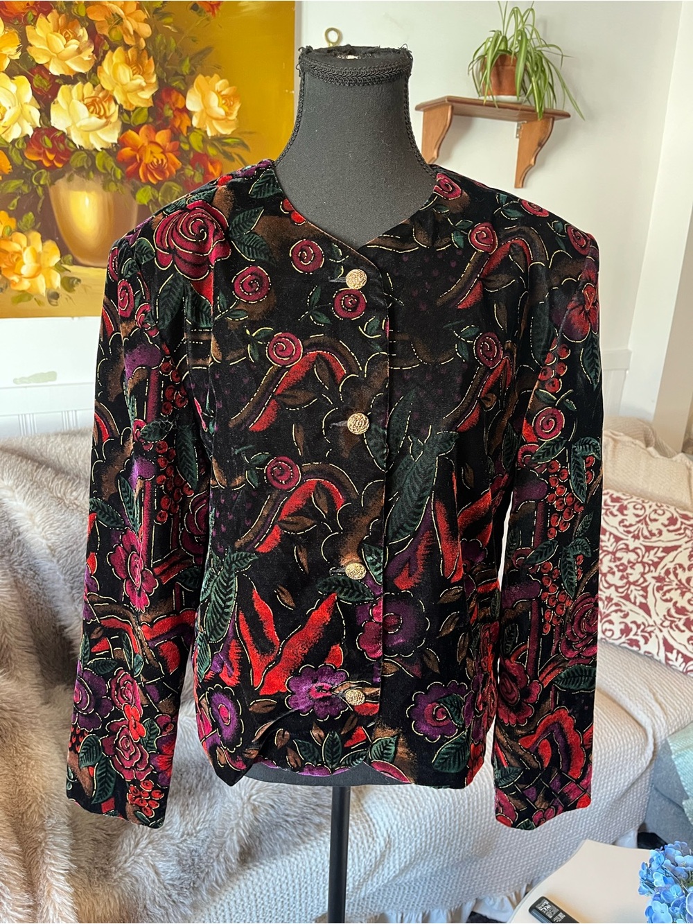 Women’s Vintage Alia Black Velvet Floral Button Front Jacket Blazer - Size Large